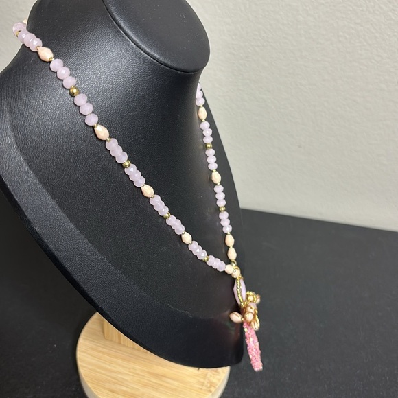 Rose Quartz Wire Beaded Pendant Feminine Girly Grandma Core Necklace - Picture 6 of 10